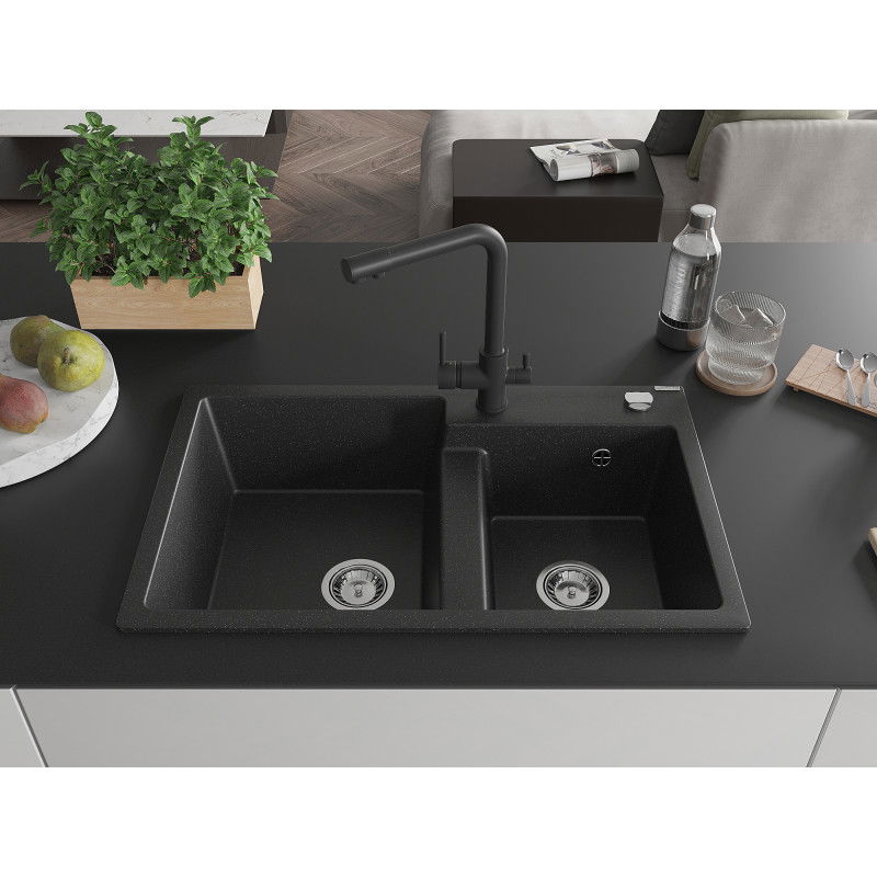 Mexen Tomas Granite Kitchen Sink 2-Bowl with Duero Kitchen Tap, Black/Silver Metallic - 6516-73-671600-70