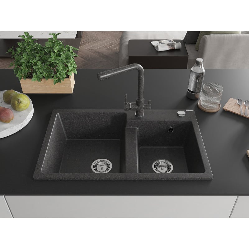 Mexen Tomas fregadero de granito de 2 senos con grifo de cocina Duero, negro moteado - 6516-76-671600-76