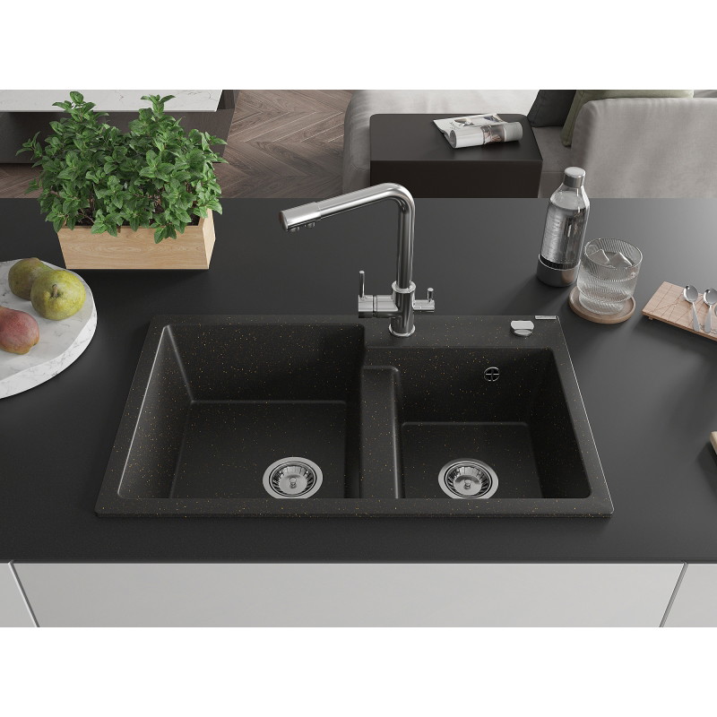 Mexen Tomas fregadero de granito de 2 compartimentos con grifo de cocina Duero, negro/oro metálico - 6516-75-671600-00