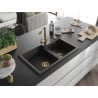 Mexen Tomas 2-bowl granite sink with Duero kitchen tap, black/gold metallic - 6516-75-671600-50