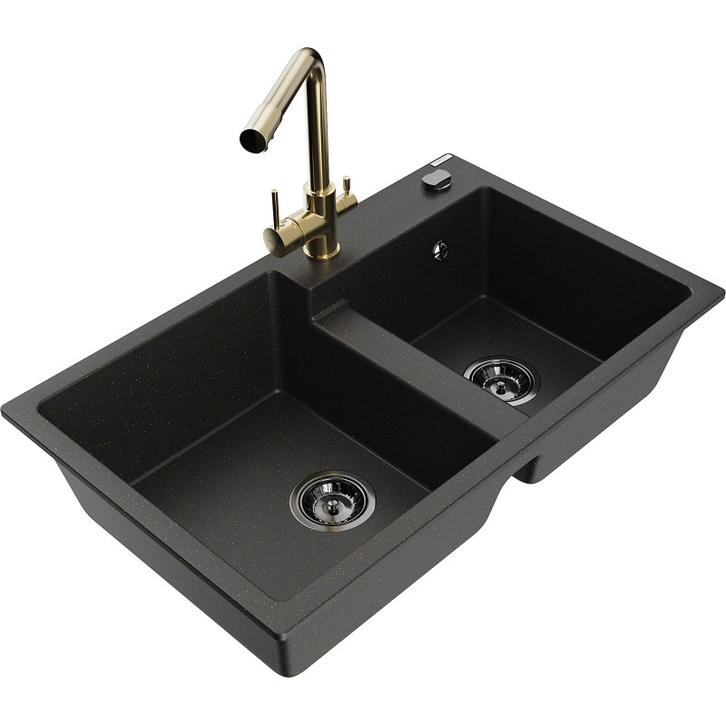Mexen Tomas fregadero de granito de 2 compartimentos con grifo de cocina Duero, negro/dorado metálico - 6516-75-671600-50-B