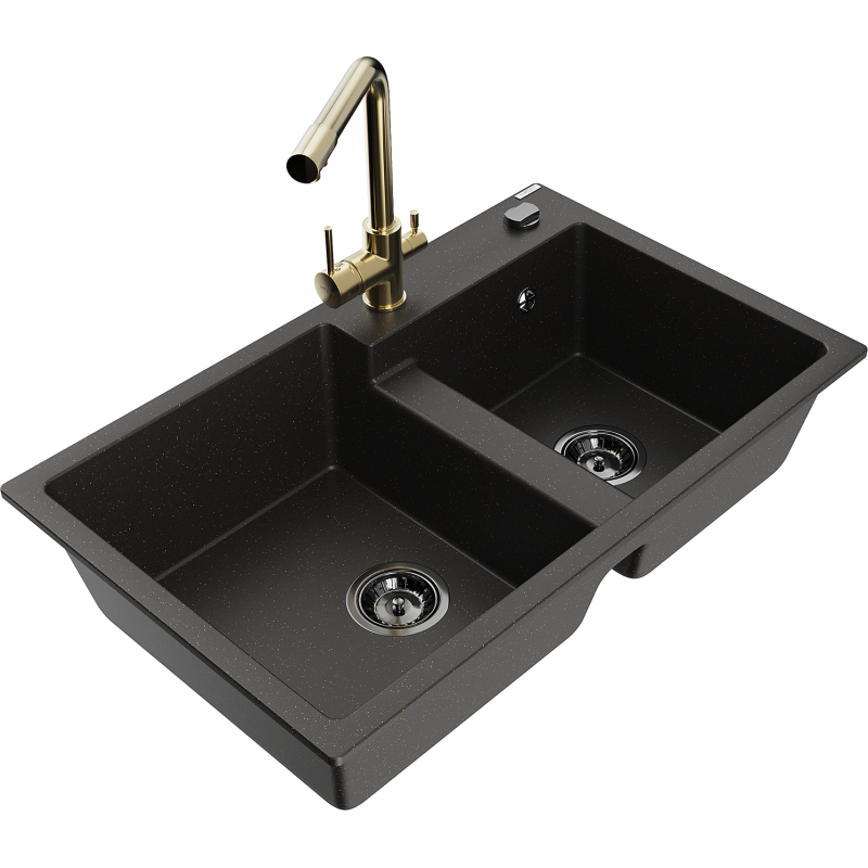 Mexen Tomas lava-louça de granito de 2 compartimentos com torneira de cozinha Duero, preto/dourado metálico