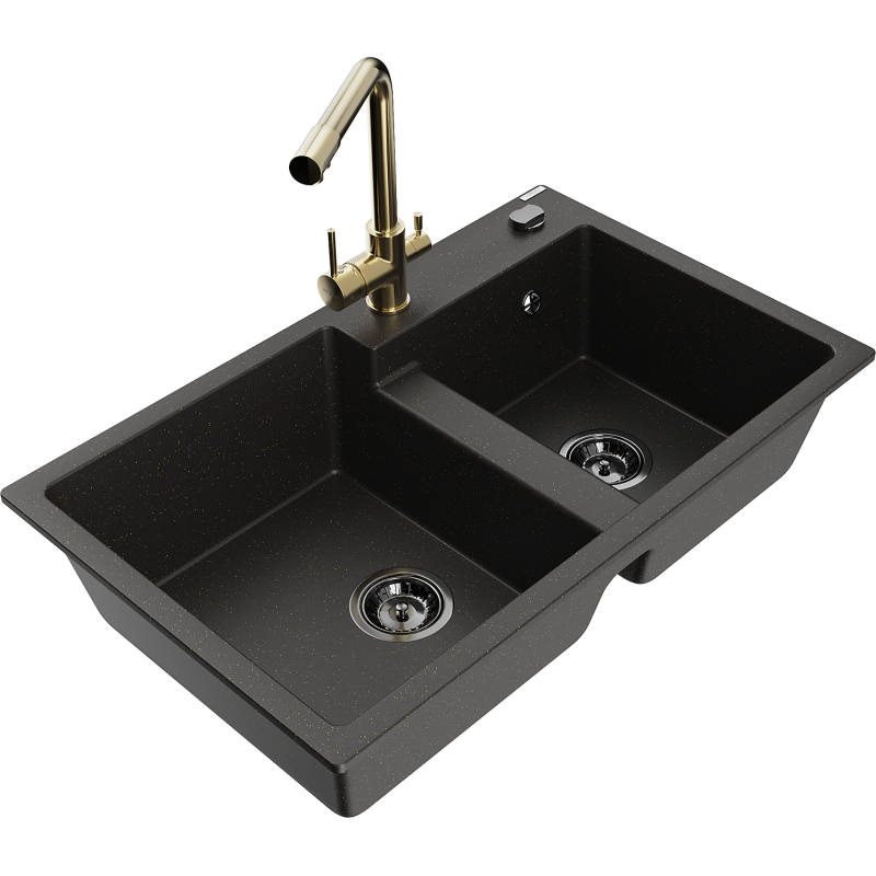 Mexen Tomas lavello in granito a 2 vasche con rubinetto da cucina Duero, nero/oro metallizzato - 6516-75-671600-50-B
