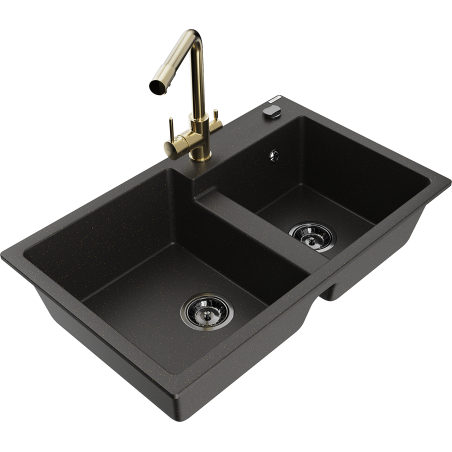 Mexen Tomas fregadero de granito de 2 compartimentos con grifo de cocina Duero, negro/dorado metálico - 6516-75-671600-50-B