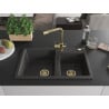 Mexen Tomas granite double-bowl sink with Duero kitchen tap, speckled black - 6516-76-671600-50