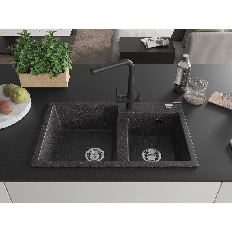 Mexen Tomas fregadero de granito de 2 senos con grifo de cocina Duero, negro moteado - 6516-76-671600-70