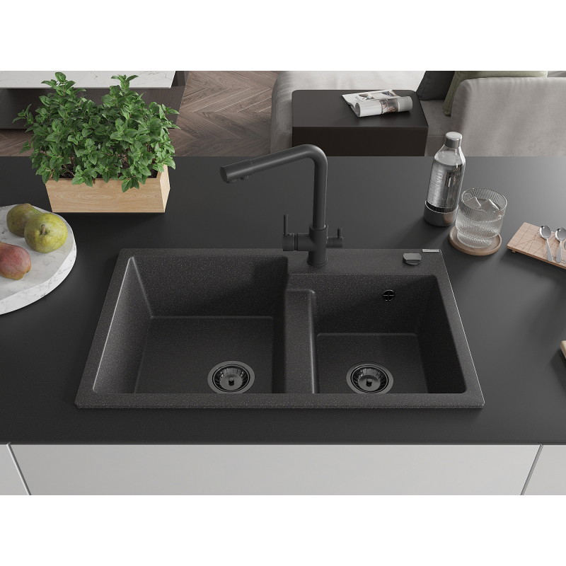 Mexen Tomas fregadero de granito de 2 cubetas con grifo de cocina Duero, negro moteado - 6516-76-671600-70-B