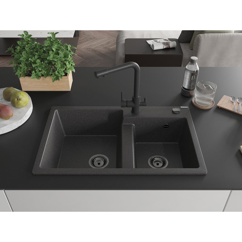 Mexen Tomas granite sink 2-bowl with Duero kitchen tap, black speckled - 6516-76-671600-70-B