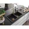 Mexen Tomas granite sink 2-bowl with Duero kitchen tap, black - 6516-77-671600-50