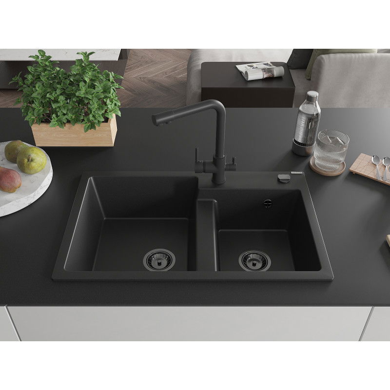 Mexen Tomas two-bowl granite sink with Duero kitchen tap, black - 6516-77-671600-70-B