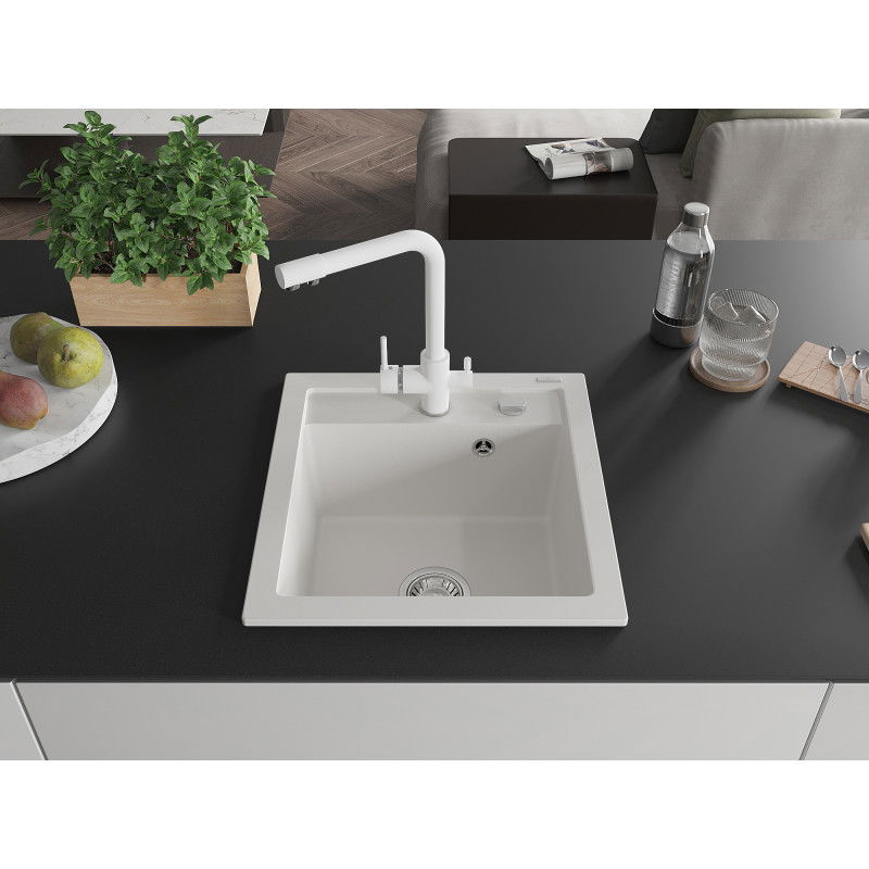 Mexen Vito 1-bowl granite sink with Duero kitchen tap, white - 6503-20-671600-20