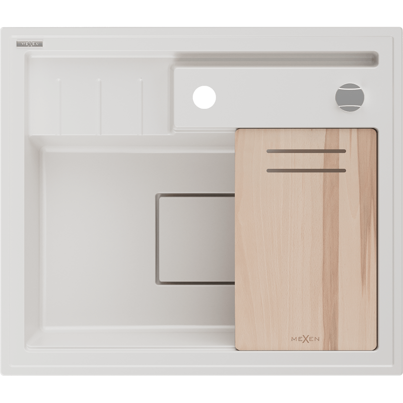 Mexen Agier zlewozmywak granitowy 1-komorowy z deską 600 x 520 mm, biały, syfon chrom - 6524601000-20