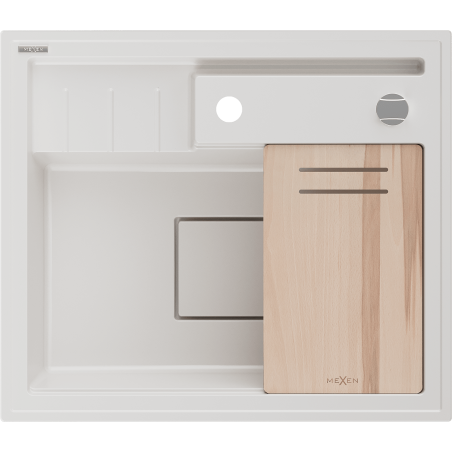 Mexen Agier zlewozmywak granitowy 1-komorowy z deską 600 x 520 mm, biały, syfon chrom - 6524601000-20