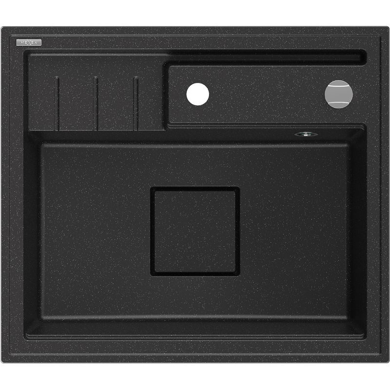 Mexen Agier zlewozmywak granitowy 1-komorowy z deską 600 x 520 mm, czarny/srebrny metalik, syfon chrom - 6524601000-73
