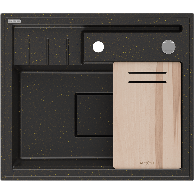 Mexen Agier zlewozmywak granitowy 1-komorowy z deską 600 x 520 mm, czarny/złoty metalik, syfon chrom - 6524601000-75