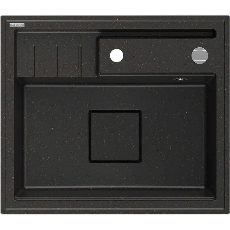 Mexen Agier zlewozmywak granitowy 1-komorowy z deską 600 x 520 mm, czarny/złoty metalik, syfon chrom - 6524601000-75