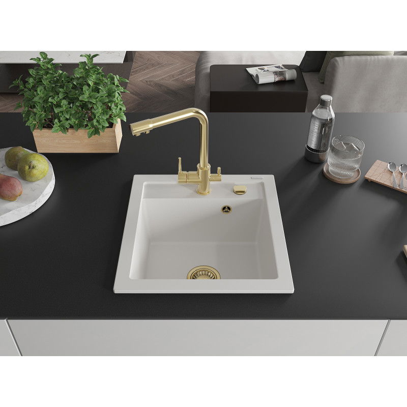 Mexen Vito granitdiskbänk med 1 fack och köksblandare Duero, vit - 6503-20-671600-50