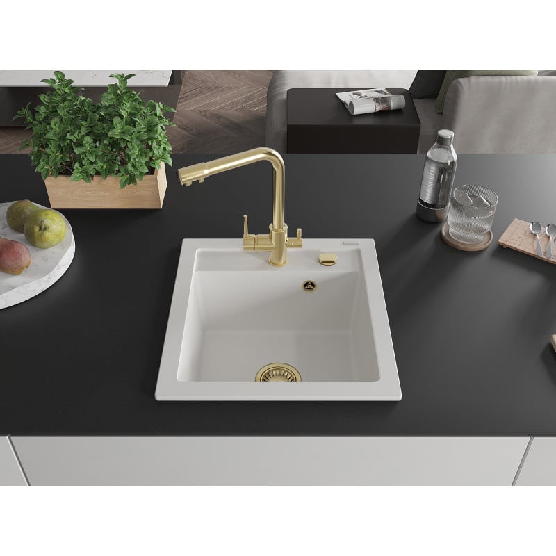 Mexen Vito lavello in granito a 1 vasca con rubinetto da cucina Duero, bianco - 6503-20-671600-50