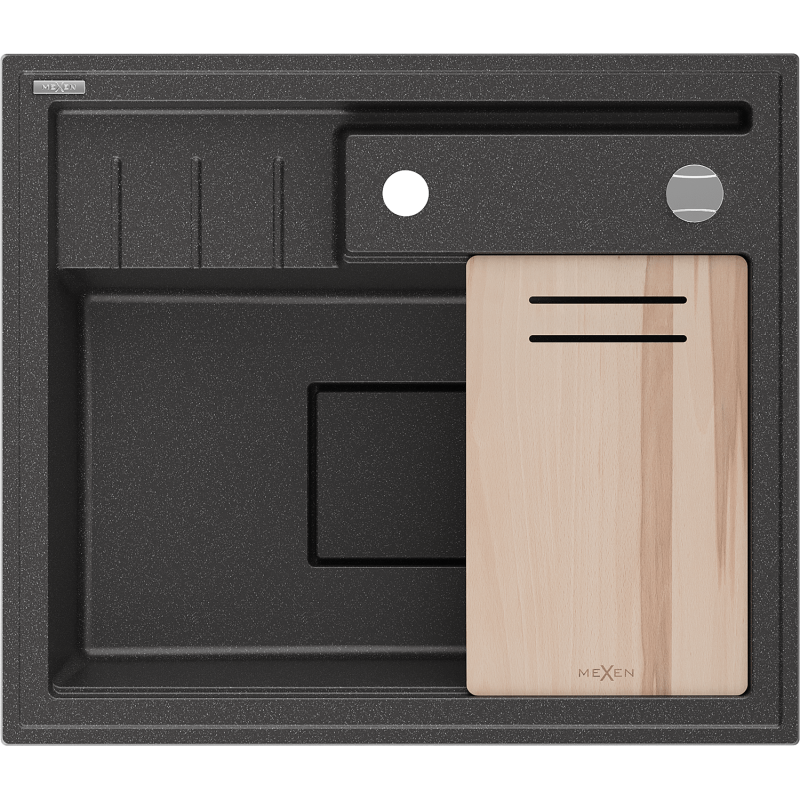 Mexen Agier zlewozmywak granitowy 1-komorowy z deską 600 x 520 mm, czarny nakrapiany, syfon chrom - 6524601000-76