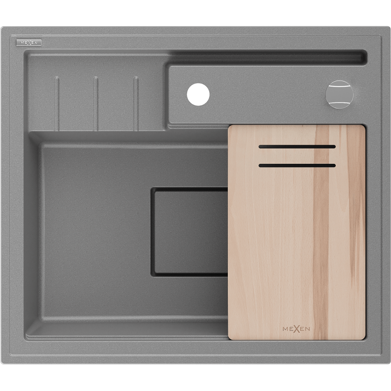 Mexen Agier zlewozmywak granitowy 1-komorowy z deską 600 x 520 mm, szary, syfon chrom - 6524601000-71