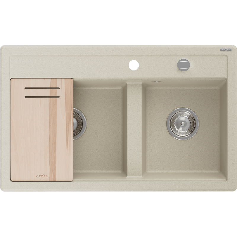 Mexen Triton zlewozmywak granitowy 2-komorowy z deską 800 x 495 mm, beżowy, syfon chrom - 6531802000-69
