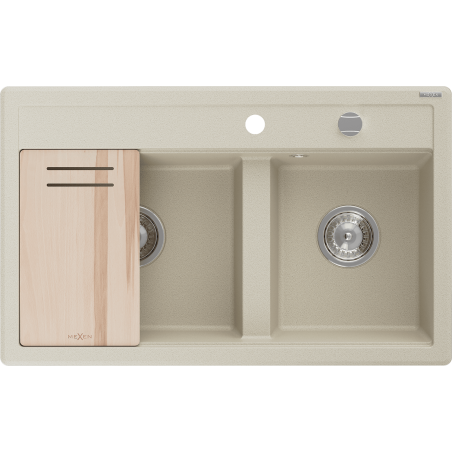 Mexen Triton zlewozmywak granitowy 2-komorowy z deską 800 x 495 mm, beżowy, syfon chrom - 6531802000-69