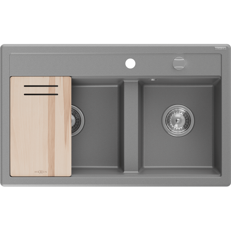 Mexen Triton zlewozmywak granitowy 2-komorowy z deską 800 x 495 mm, szary, syfon chrom - 6531802000-71