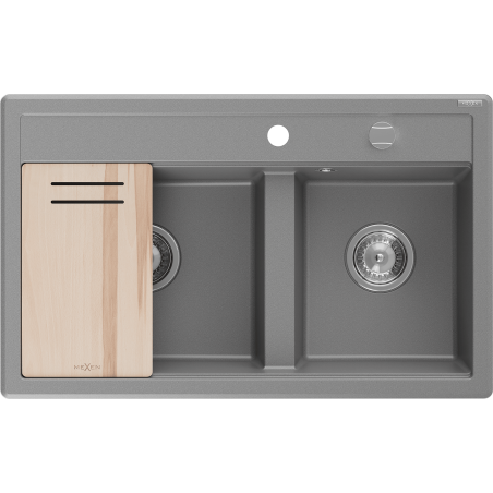Mexen Triton zlewozmywak granitowy 2-komorowy z deską 800 x 495 mm, szary, syfon chrom - 6531802000-71