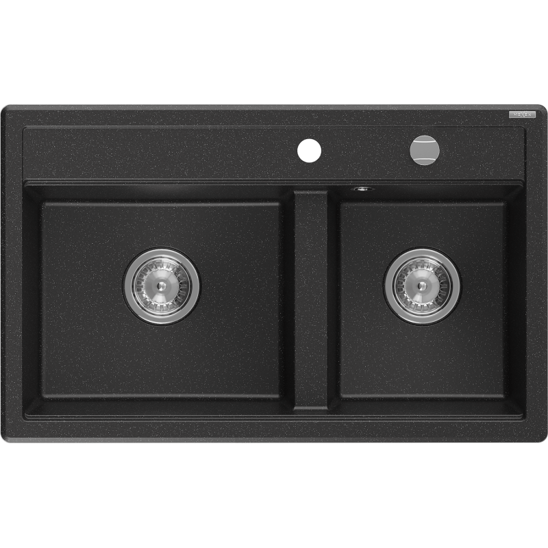 Mexen Triton zlewozmywak granitowy 2-komorowy z deską 800 x 495 mm, czarny/srebrny metalik, syfon chrom - 6531802000-73