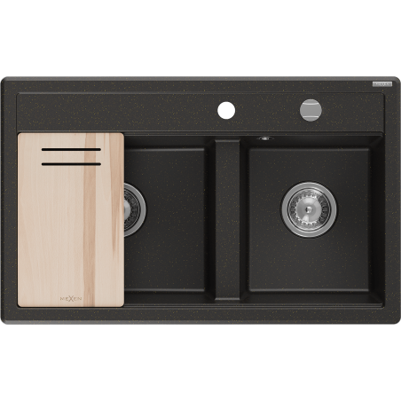 Mexen Triton zlewozmywak granitowy 2-komorowy z deską 800 x 495 mm, czarny/złoty metalik, syfon chrom - 6531802000-75