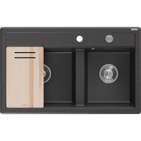 Mexen Triton zlewozmywak granitowy 2-komorowy z deską 800 x 495 mm, czarny nakrapiany, syfon chrom - 6531802000-76