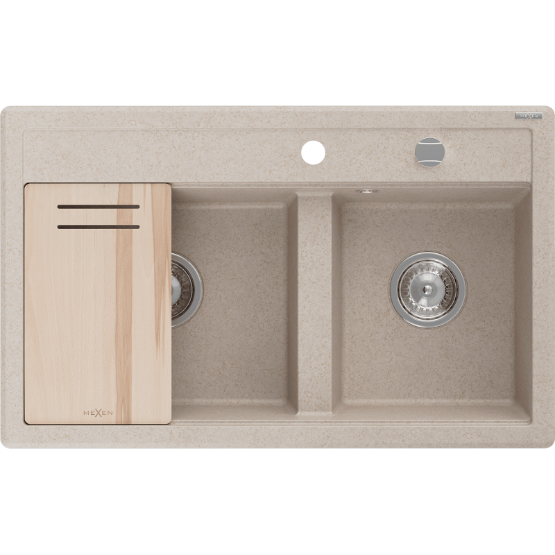 Mexen Triton zlewozmywak granitowy 2-komorowy z deską 800 x 495 mm, piaskowy, syfon chrom - 6531802000-29