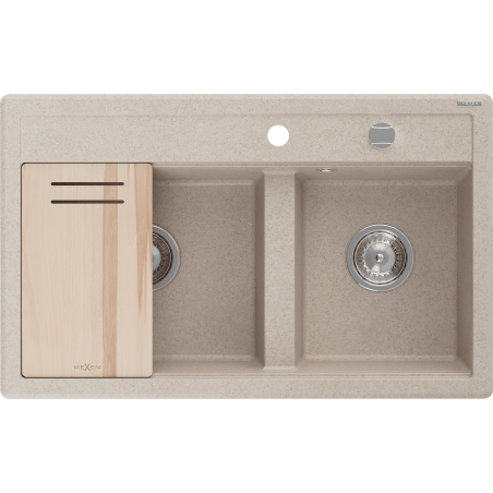 Mexen Triton zlewozmywak granitowy 2-komorowy z deską 800 x 495 mm, piaskowy, syfon chrom - 6531802000-29