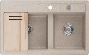 Mexen Triton zlewozmywak granitowy 2-komorowy z deską 800 x 495 mm, piaskowy, syfon chrom - 6531802000-29