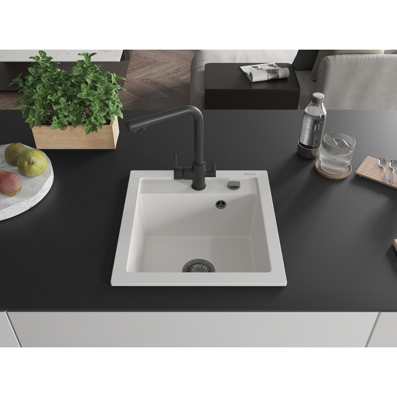 Mexen Vito granit gootsteen 1-komor met keukenmengkraan Duero, wit - 6503-20-671600-70