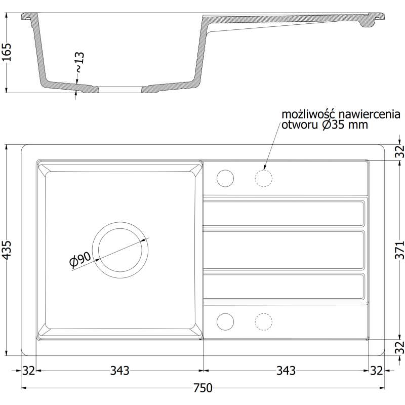 Mexen Petros zlewozmywak granitowy 1-komorowy z ociekaczem i deską 750 x 435 mm, piaskowy, syfon chrom - 6529751005-29