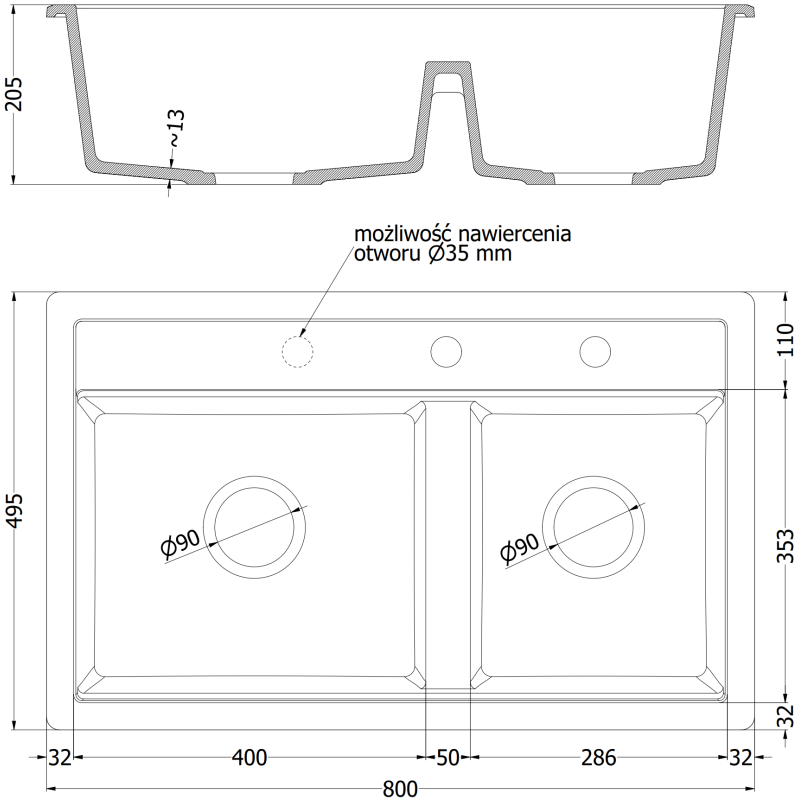 Mexen Triton zlewozmywak granitowy 2-komorowy z deską 800 x 495 mm, piaskowy, syfon chrom - 6531802000-29