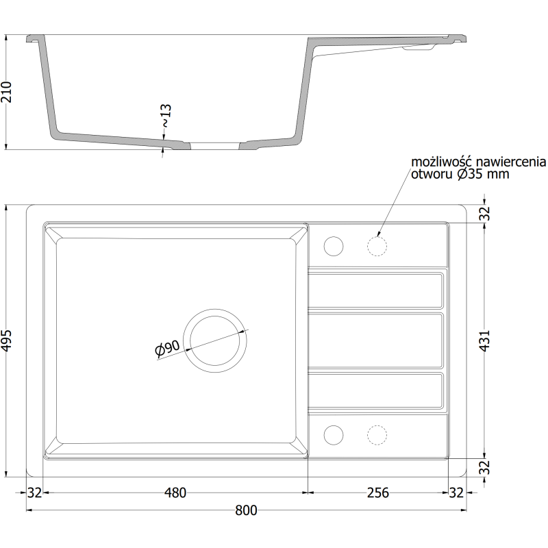 Mexen Lithos zlewozmywak granitowy 1-komorowy z ociekaczem i deską 800 x 495 mm, piaskowy, syfon chrom - 6530801005-29
