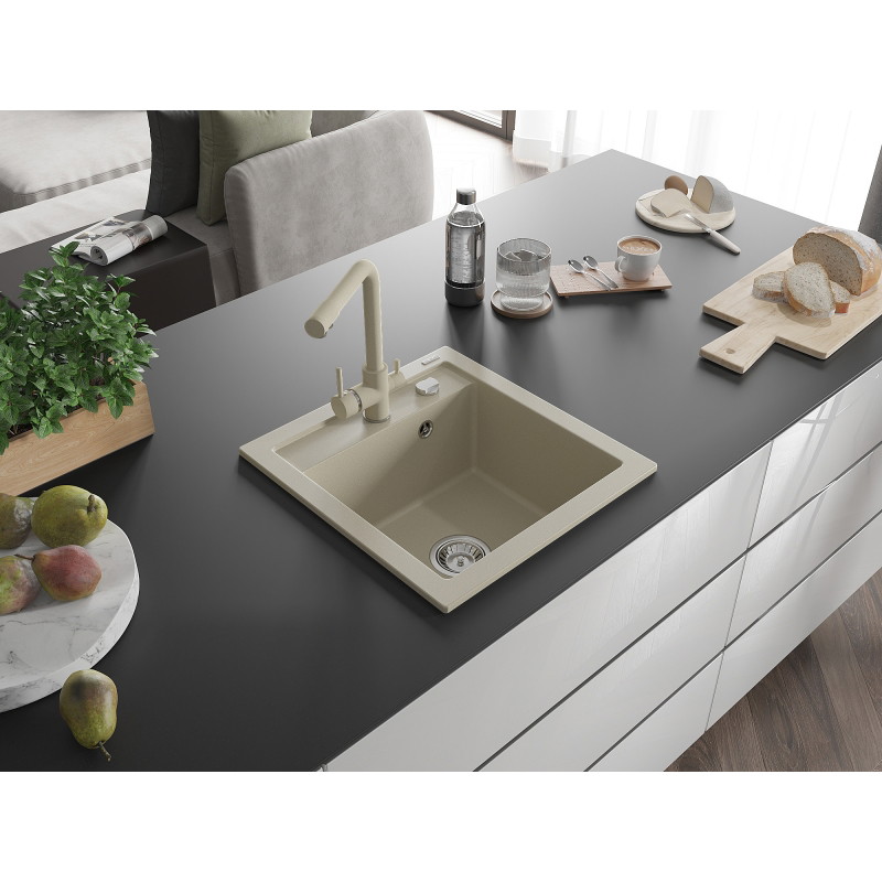 Mexen Vito granitische spoelbak 1-komerig met keukenkraan Duero, beige - 6503-69-671600-69