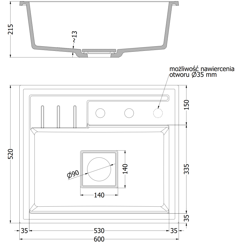 Mexen Agier zlewozmywak granitowy 1-komorowy z deską 600 x 520 mm, czarny nakrapiany, syfon chrom - 6524601000-76