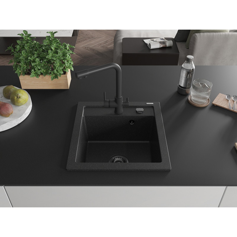 Mexen Vito fregadero de granito de 1 compartimiento con grifo de cocina Duero, negro/plateado metálico - 6503-73-671600-70-B