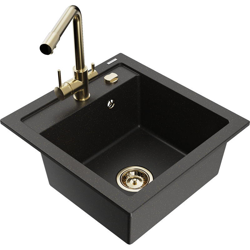 Mexen Vito fregadero de granito de 1 compartimento con grifo de cocina Duero, negro/dorado metálico - 6503-75-671600-50