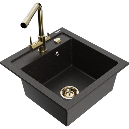 Mexen Vito fregadero de granito de 1 compartimento con grifo de cocina Duero, negro/dorado metálico - 6503-75-671600-50