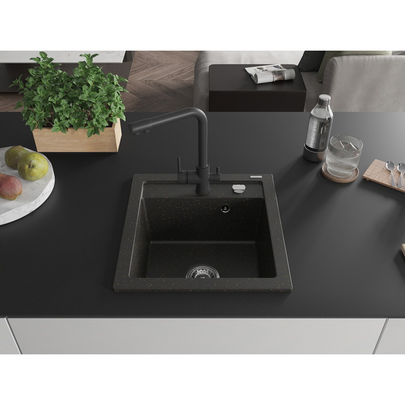 Mexen Vito Granitspüle 1-becken mit Küchenarmatur Duero, Schwarz/Gold Metallic - 6503-75-671600-70