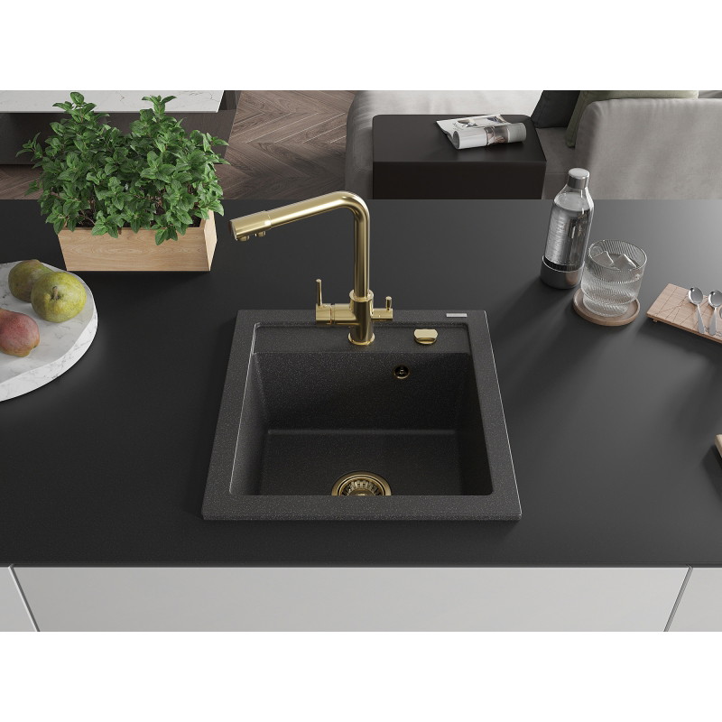 Mexen Vito fregadero de granito de 1 compartimento con grifo de cocina Duero, negro moteado - 6503-76-671600-50