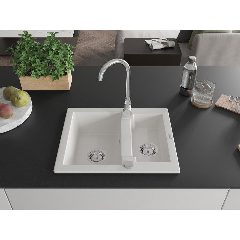 Mexen Carlos Granite Sink 1.5-Bowl with Telma Kitchen Tap, White - 6518-20-670200-00