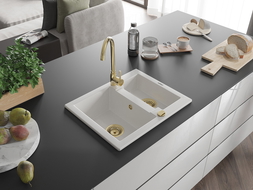 Mexen Carlos granite sink 1.5-bowl with Telma kitchen tap, white - 6518-20-670200-50