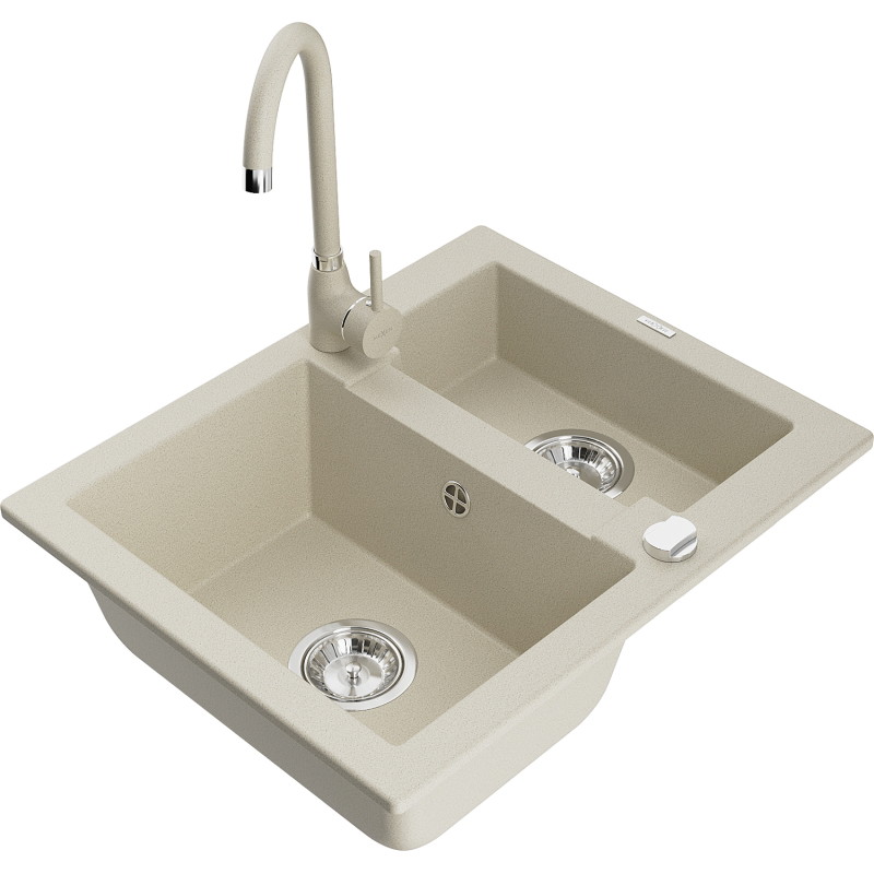 Mexen Carlos fregadero de granito de 1,5 cubetas con grifo de cocina Telma, beige - 6518-69-670200-69