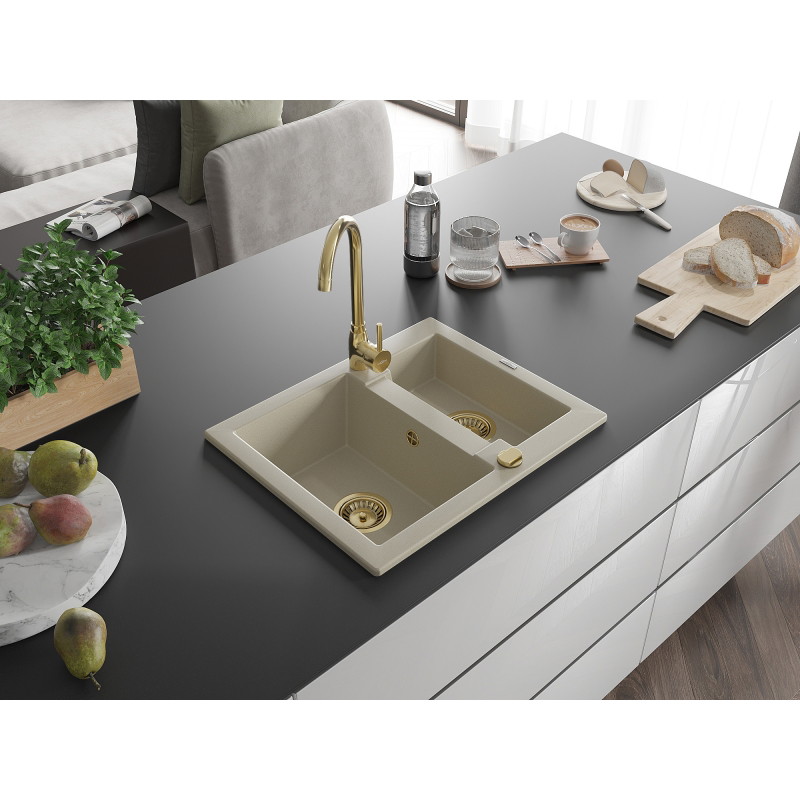 Mexen Carlos Granitspüle 1,5-Kammer mit Küchenarmatur Telma, beige - 6518-69-670200-50
