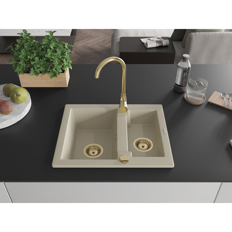 Mexen Carlos granitische spoelbak 1,5-komor met keukenkraan Telma, beige - 6518-69-670200-50